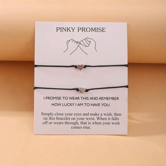 Pair of heart string bracelets, pinky promise, black, silver, best friends, bff - Picture 1 of 2